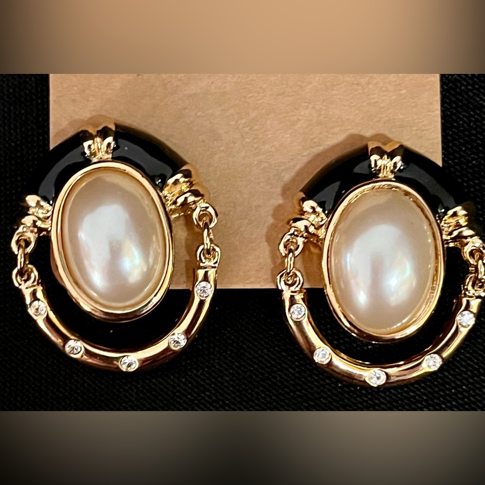 VTG André Courrèges Paris 80s Gold Black Pearl Door Knocker Clip On Earrings - Picture 6 of 17